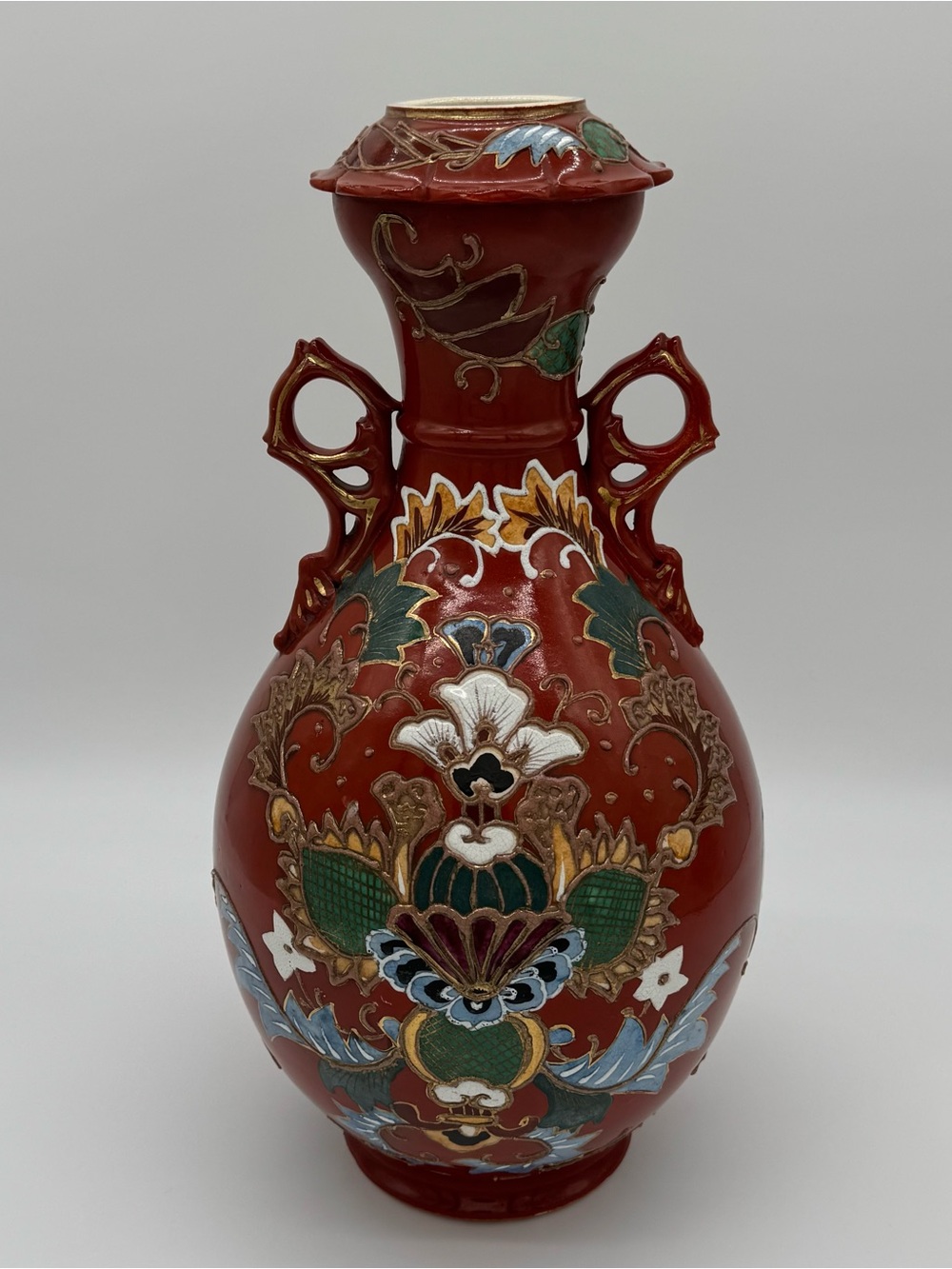 Mid-Century Japanese Vase Red-Moriage Hand-Painted 16” Floral Decorative Handle